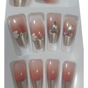 Chic Ombre & Silver French Tip Press-On Nails with 3D Flower & Rhinestones NEW
